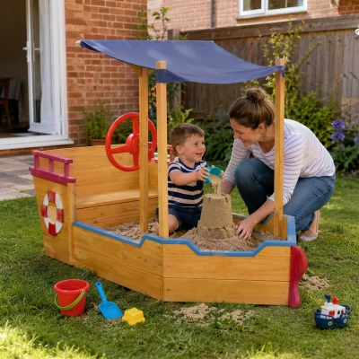 Outsunny Kids Wooden Sand Pit Pirate Ship w/ Canopy Shade
