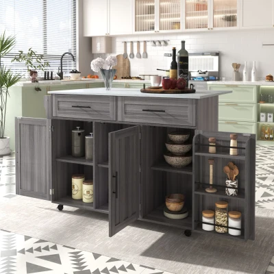 Isla de cocina grande con tablero extensible abatible, 5 ruedas (2 con freno) , 129x46/71x91,5 cm, Gris