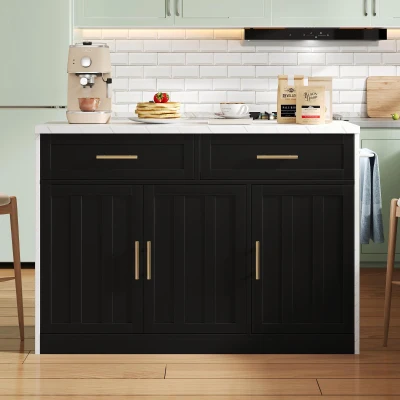 Ilha de cozinha com balcão de bar, com 2 gavetas e 3 portas, puxadores metálicos, suporte para toalhas, 120x60x91 cm, Preto