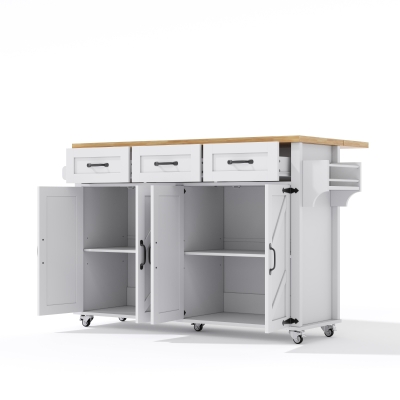 Ilha de cozinha com bancada rebatível, 4 portas, 3 gavetas, suportes duplos para toalhas, design estilo celeiro, 140x43/70x90,5 cm, Branco+Cor natural
