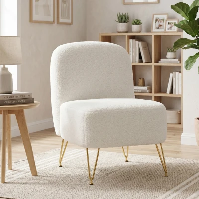 HOMCOM Fauteuil Salon Tissu Bouclette Blanc Assise Large Rembourré
