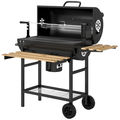 Outsunny Barbecue Charbon Chariot Noir avec Rôtisserie et Thermomètre