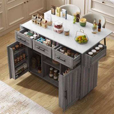 Isla de cocina grande con 3 cajones, puertas de almacenaje, estantes regulables y toallero, 139x46/71x91,5 cm, Gris