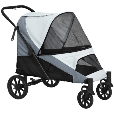PawHut Passeggino per Cani Taglia Grande Pieghevole con Finestre a Rete, Cuscino e Guinzagli, 124x67x100 cm, Grigio