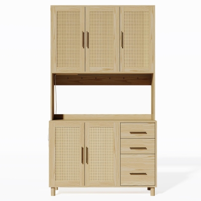 Móvel de cozinha com acabamento em rattan trançado e puxadores metálicos dourados, luzes LED decorativas, 100x40x183 cm, Cor natural