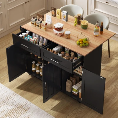 Isla de cocina con 5 ruedas, tablero de mesa abatible, 129x46/71x91,5 cm, Negro+Color natural