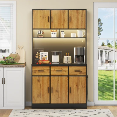 Buffet de cozinha multifuncional, 3 gavetas silenciosas e 6 portas de armário, 100x40x180 cm, Cor natural