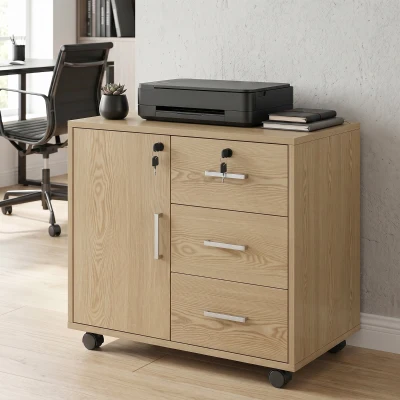 HOMCOM Rollcontainer Büro Aufbewahrungsmöbel abschließbar mit 3 Schubladen und verstellbarem Einlegeboden, Rollen, 40 x 60 x 56 cm, hellbraun