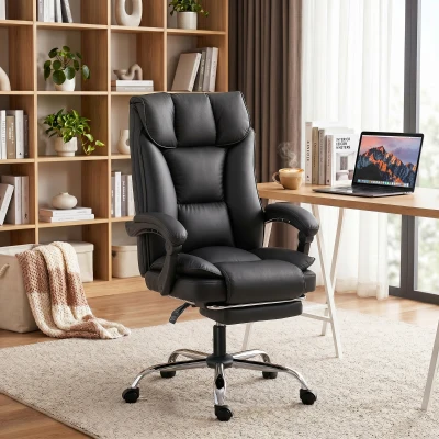 HOMCOM Chaise Bureau Inclinable 155° Similicuir Noir avec Repose-pieds