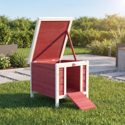 PawHut Clapier Lapin Bois 51x42x43cm Toit Étanche Rouge Blanc