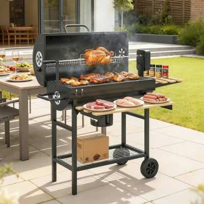 Outsunny Barbecue Charbon Chariot Noir avec Rôtisserie et Thermomètre