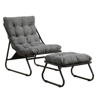 Outdoor-Lounge-Sessel mit Hocker, Polsterkissen, Sling-Gewebe, Stahlrahmen, Grau