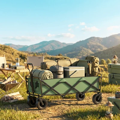 Outsunny Chariot Pliable 130L Vert avec Roues et Freins