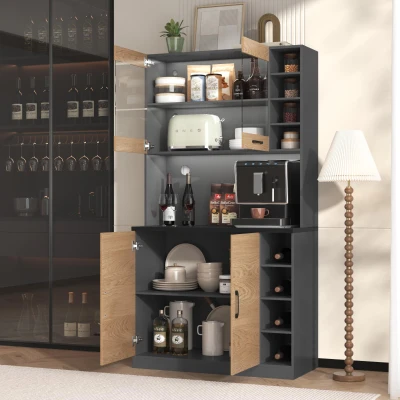 Highboard de Cozinha Compartimento de Vidro Reforçado e Iluminação Ambiente LED Prateleiras Laterais Reguláveis em Altura100x47x187 cm, Cor natural