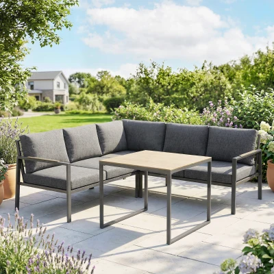 Outsunny Salon Jardin 3pcs 5 Places Canapés+Coussins Table Gris Foncé