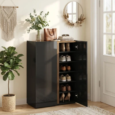 HOMCOM Schuhschrank mit leiser Sicherheitsöffnung, 6 Ebenen, grifflose Design, Hochglanz Schwarz