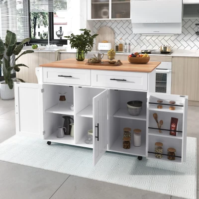Isla de cocina grande con tablero extensible abatible, 5 ruedas (2 con freno) , 129x46/71x91,5 cm, Blanco+Color natural