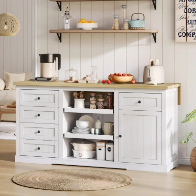 Ilha de cozinha com tampo extensível dobrável, 5 gavetas e 2 prateleiras extraíveis, 150x45/65x75,5 cm, Branco