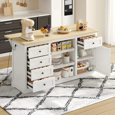 Ilha de cozinha com tampo extensível dobrável, 5 gavetas e 2 prateleiras extraíveis, 150x45/65x75,5 cm, Branco