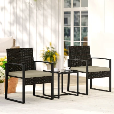 Outsunny Salon Jardin Résine Tressée 2 Pers Table Verre Marron