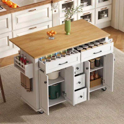 Carrinho de cozinha multifuncional com tampo de trabalho dobrável, 140x40/65x89 cm, Branco+Cor natural