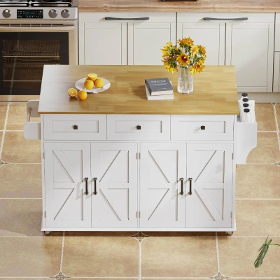 Ilha de cozinha com tampo rebatível, 4 portas, 3 gavetas, suportes duplos para toalhas, design estilo celeiro, 140x43/70x90,5 cm, Branco+Cor natural