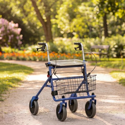 HOMCOM Déambulateur 4 Roues Siège Freins Panier Bleu Réglable