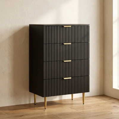 HOMCOM Commode 4 Tiroirs Moderne Noir 60x40x96cm Poignées Dorées