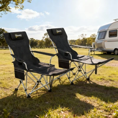 Outsunny 2 Chaises Camping Pliantes Inclinables avec Repose-Pieds Noir