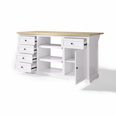 Ilha de cozinha com tampo extensível dobrável, 5 gavetas e 2 prateleiras extraíveis, 150x45/65x75,5 cm, Branco