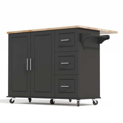 Grande ilha de cozinha móvel,design dobrável, armário multifuncional com 3 gavetas, suporte para toalhas, 137x43/76x92 cm, Preto