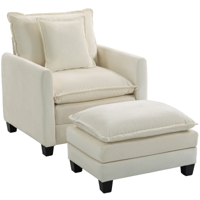 HOMCOM Fauteuil salon avec repose-pied, canapé 1 place en chenille, assise large, rembourrage double couche, 85x128x86cm, crème