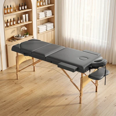 HOMCOM Table Massage Bois 3 Zones Réglable 215x60x64-89cm Gris