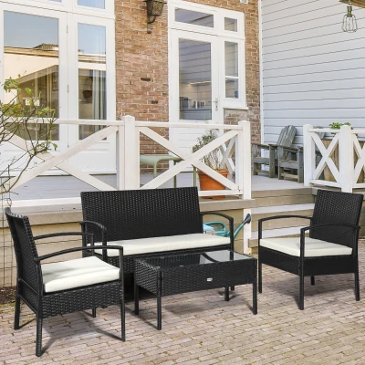 Outsunny 4-delig Tuinmeubelset Tuinzitgroep Tuinset, weerbestendig, inclusief kussens, Zwart + Wit