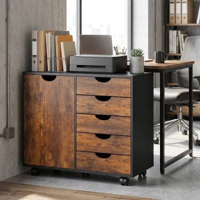 HOMCOM Meuble Bureau 5 Tiroirs 1 Porte Étagère Roulettes 78x40x66,5cm
