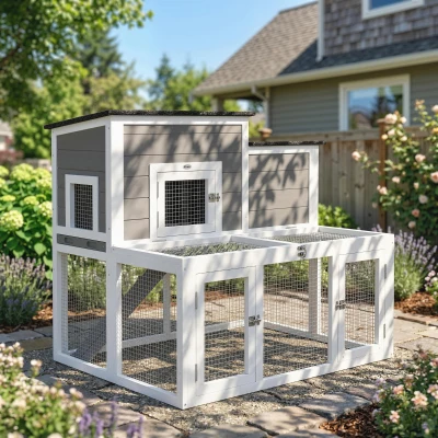 PawHut Clapier Bois 2 Niveaux Extérieur/Intérieur Toit Ouvrant Gris
