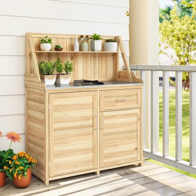Outsunny Armoire Bois Jardin 100x45x129cm avec Tiroir et Étagère