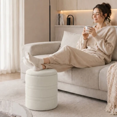 HOMCOM Chenille-Aufbewahrungspouf mit Deckel, runder Hocker für Wohnzimmer und Schlafzimmer, Beige