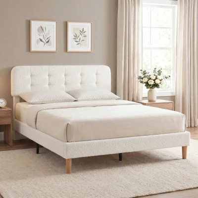 HOMCOM Lit Double 160x200cm Velours Teddy Blanc Tête Réglable