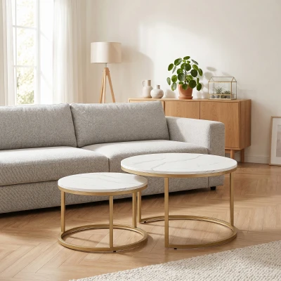 HOMCOM 2 Tables Basses Gigognes Industriel Ciment Métal Blanc