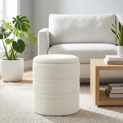 HOMCOM Puf de Almacenaje en Chenilla con Tapa Taburete Redondo para Salón y Dormitorio Beige