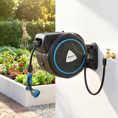 Outsunny Enrouleur Tuyau Mural 23+2m Automatique Pistolet 10 Modes