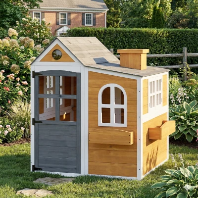 AIYAPLAY Cabane Enfant Bois Jaune avec Porte Fenêtres 3 Bacs