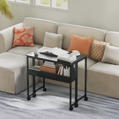 HOMCOM Bureau Pliable Noir avec Étagère et Roulettes