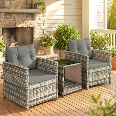 Outsunny Salon Jardin 3P Résine Tressée Table 2 Fauteuils Gris