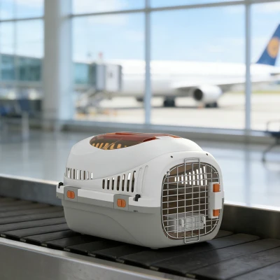 PawHut Caisse Transport Chat/Chien Acier 49x32x31cm Gris Crème