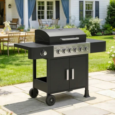 Outsunny Barbecue Gaz 6+1 Brûleurs Chariot Extérieur Noir