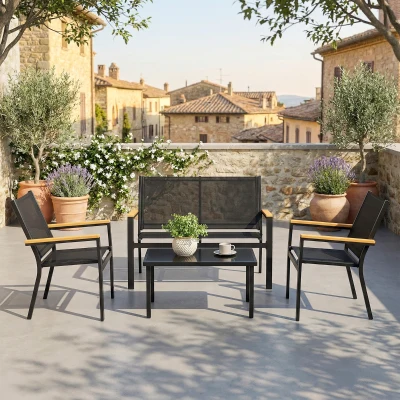 Outsunny Salon de Jardin Métal 4 Pers. Canapé, Fauteuils, Table Noir