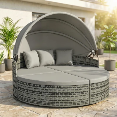 Outsunny Lit de Jardin Rond Résine Gris Clair avec Auvent Rétractable