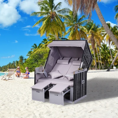 Outsunny Strandstoel dubbele ligstoel met beschermhoes voor bekerhouders PE rotan grijs